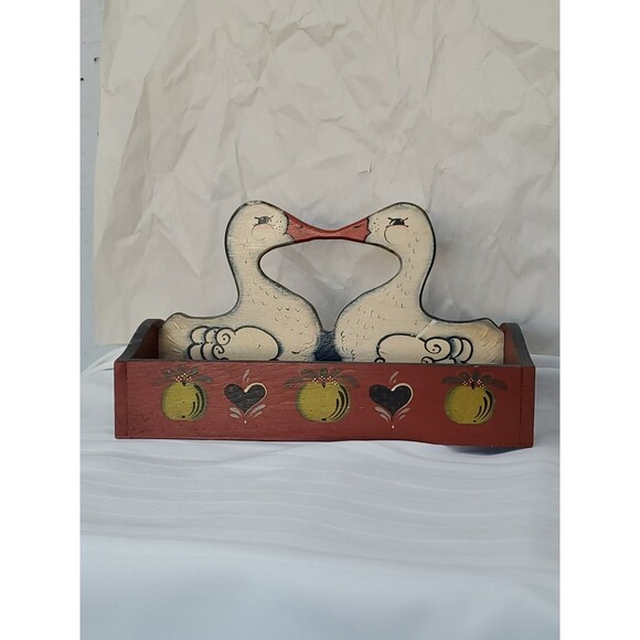 unbranded Other - Vntg. Wood Basket Kissing Ducks/Divided/Hand Painted/Hearts/Fruit/GrandmaCore/80